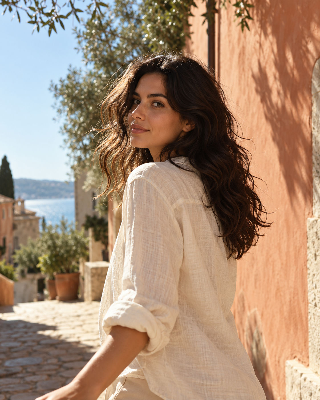 A woman in a cream linen shirt turns toward the camera on a sunlit Mediterranean street.